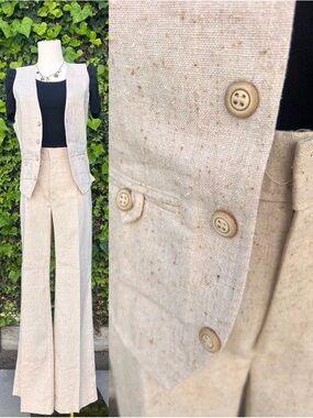 Vintage 70s Pantsuit High Waist Wide Leg Flared Cotton Textured Cream Neutral